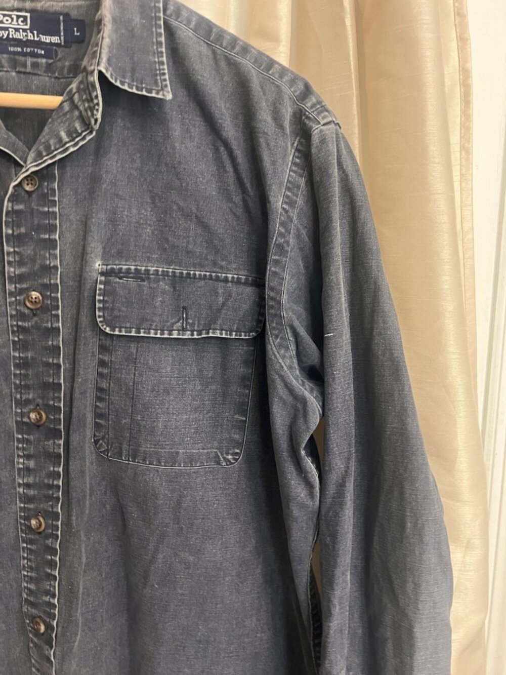 Vintage Polo Ralph Lauren Shirt Denim Button Down Men Large Blue Black Pocket. W - Picture 2 of 7